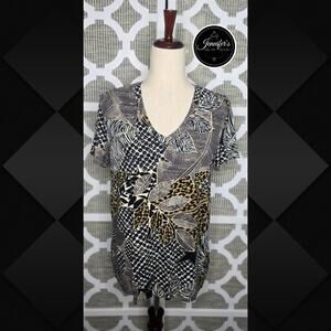 Chico's Brown Black Tan Animal Leaf Print Scoop Neck Top Size 2=L/12